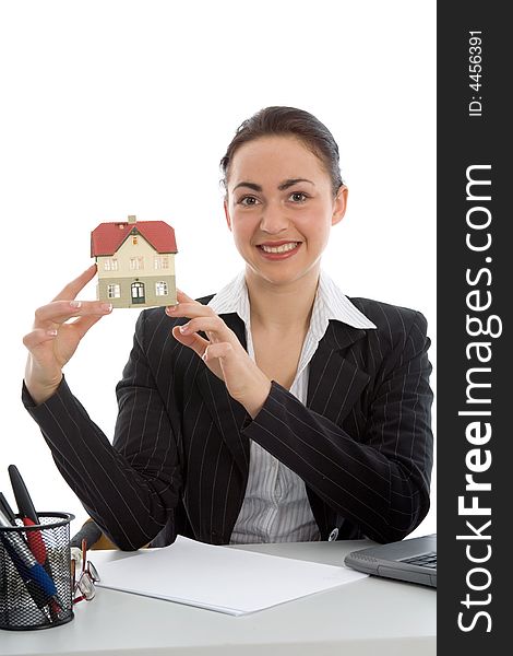 Business woman advertises real estate on  white background