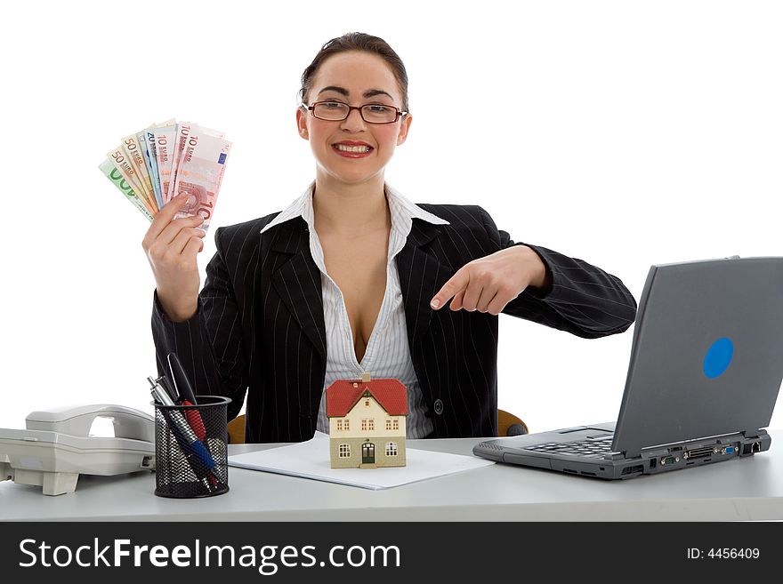 Business woman advertises real estate on  white background