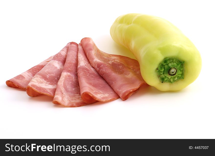 Cured meat with pepper isolated on white background