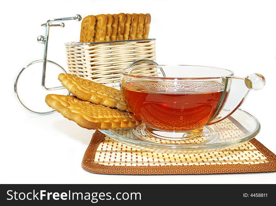 Bicycle whith cookies and a cup of tea. Bicycle whith cookies and a cup of tea