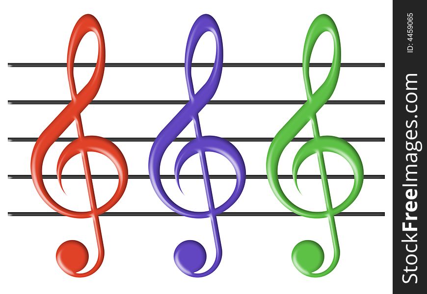 Treble clefs and musical lines on a white background