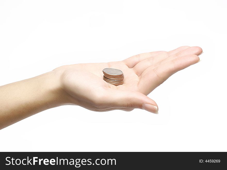 American coins in woman hand. American coins in woman hand