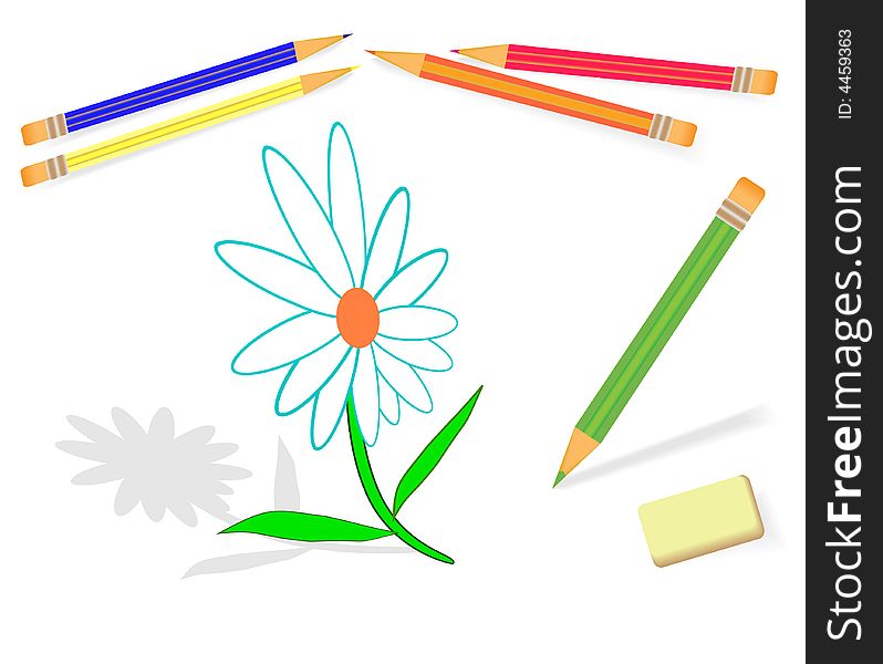 Vector graphics, The Drawn flower. Color Pencils for drawing (red, green, blue).
