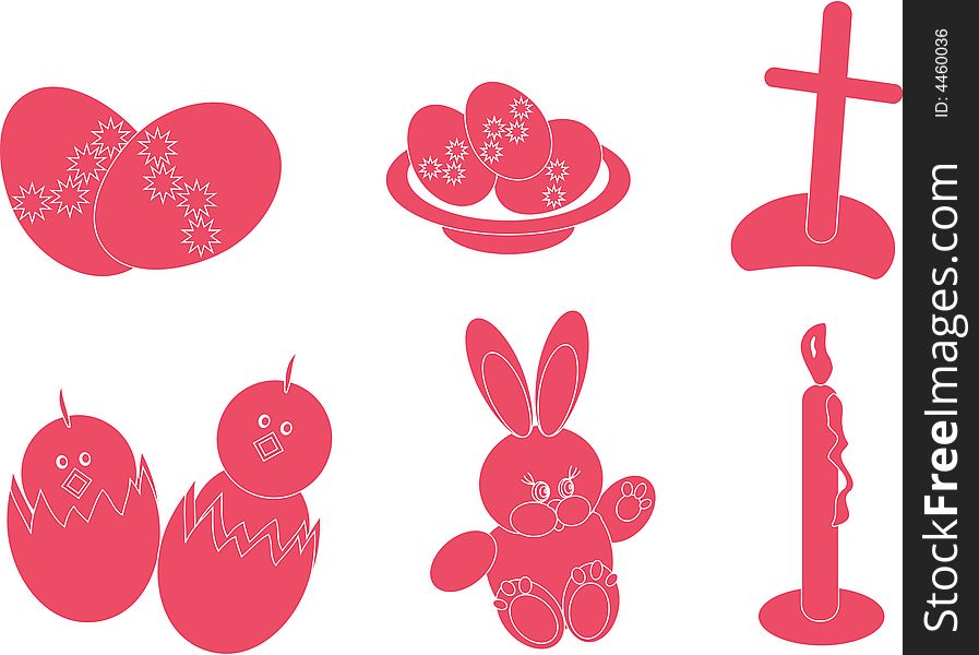 Red Easter icons: eggs, bunny, cross, candle, chickens