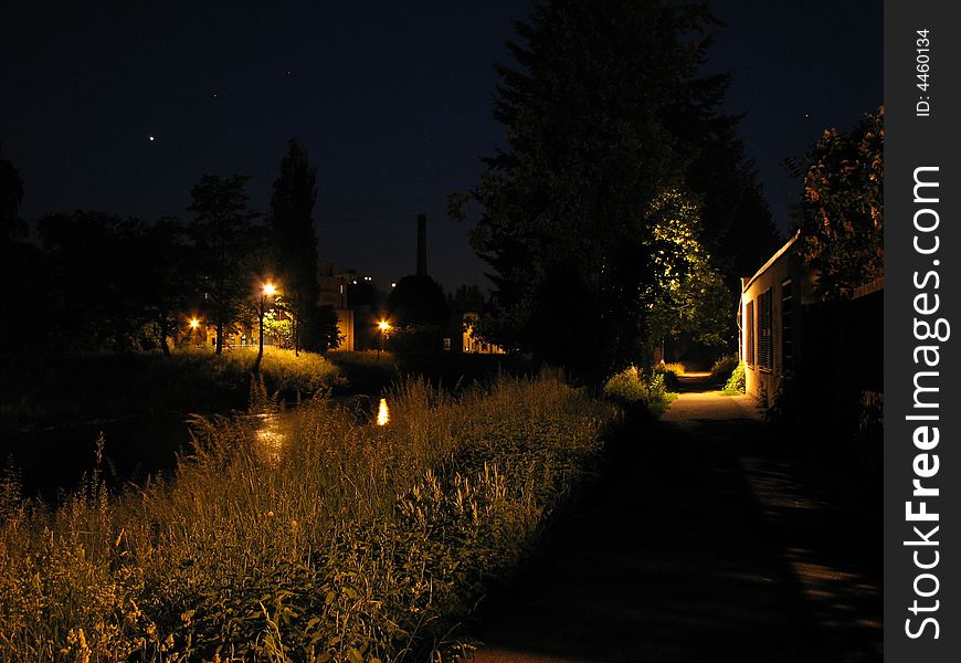 Night shot with road, river, trees and lights (from Czech republic - town Semily). Night shot with road, river, trees and lights (from Czech republic - town Semily)