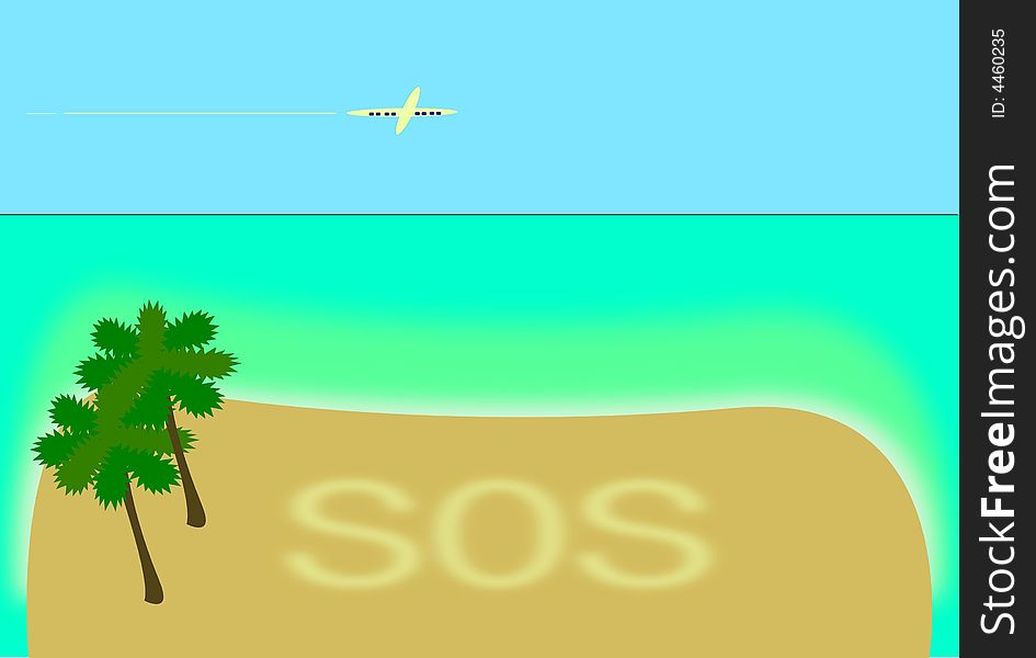 A desert beach with the sign sos and a plane
