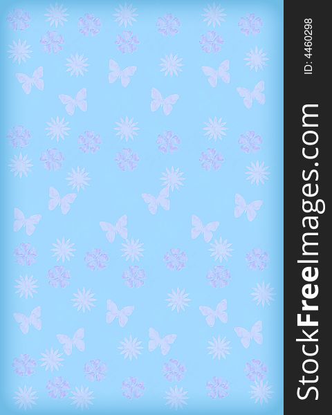 Blue background with pink flowers, butterflies and sun.
