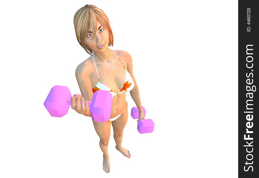 Blond sexy fitness girl working out with two pink dumbbells. She wears a white and orange bikini. Blond sexy fitness girl working out with two pink dumbbells. She wears a white and orange bikini.
