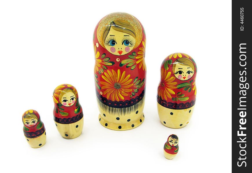 Set of russian dolls. Usually are placed one inside another. Isolated on white.
