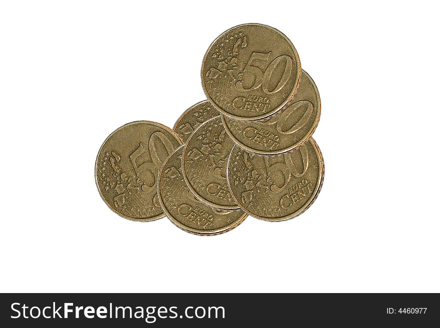 Several 50 cent euro coins isolated on white