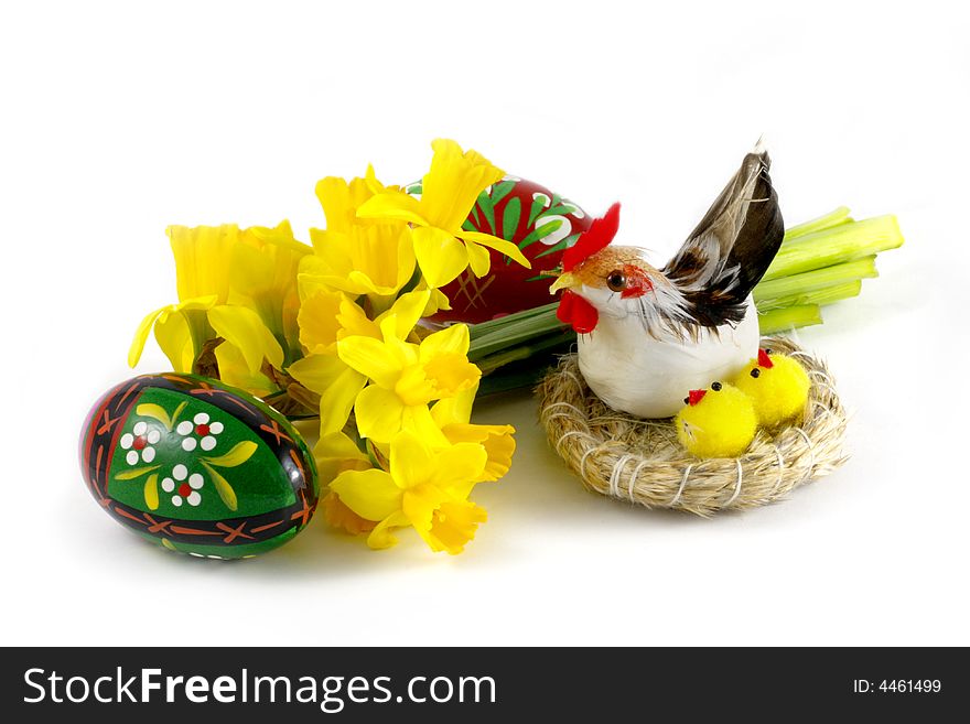 Easter hen with chickens in nest on white. Easter hen with chickens in nest on white