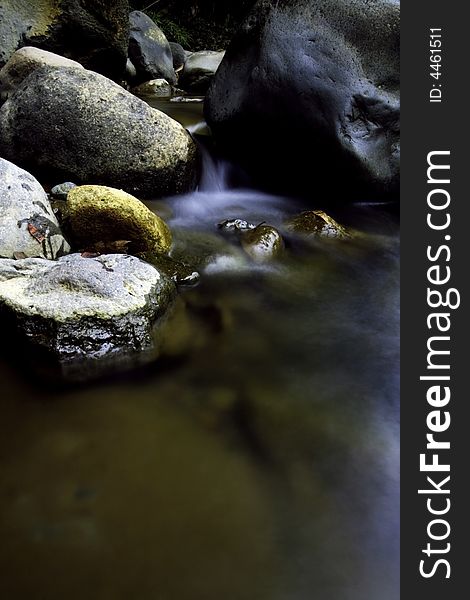 Water flowing between the gap of two rocks