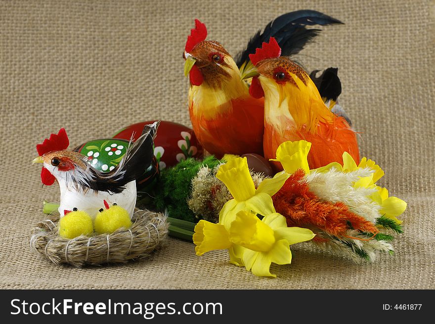 Easter, colorful decorations with flowers on cloth. Easter, colorful decorations with flowers on cloth