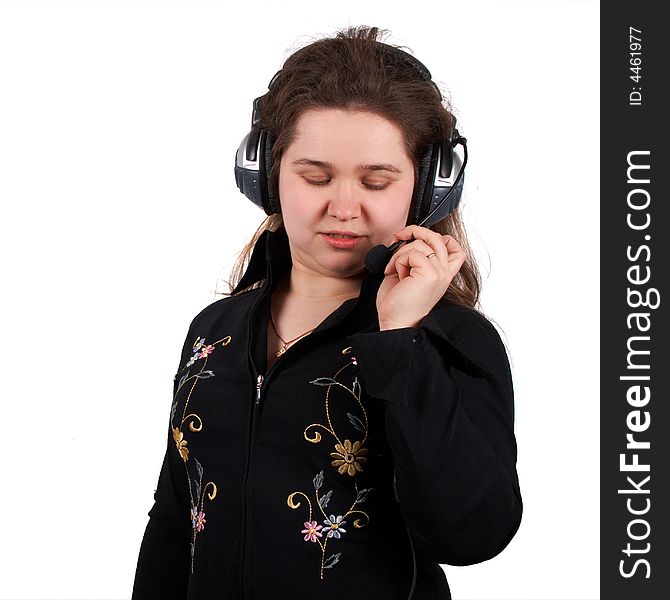 Girl with headset talking to