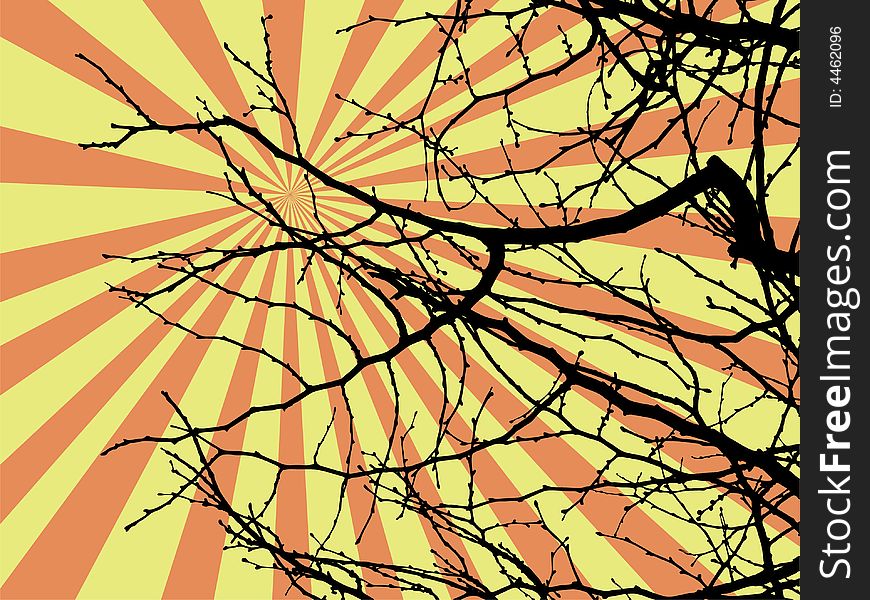 Abstract illustration of sun rays and tree branch silhouette. Abstract illustration of sun rays and tree branch silhouette