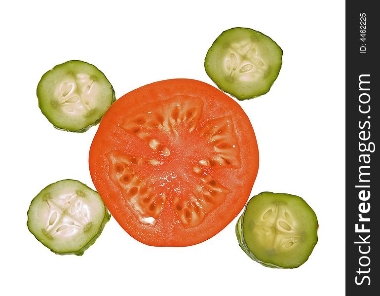 Slices of tomato and cucumber, isolated on white