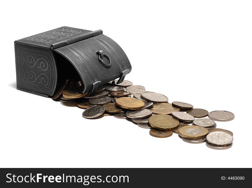 Overturned box with coins isolated on white. Overturned box with coins isolated on white