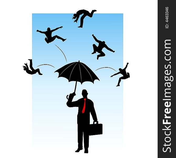 An illustration featuring a man standing with an umbrella as a bunch of smaller men fall and bounce off the top. An illustration featuring a man standing with an umbrella as a bunch of smaller men fall and bounce off the top