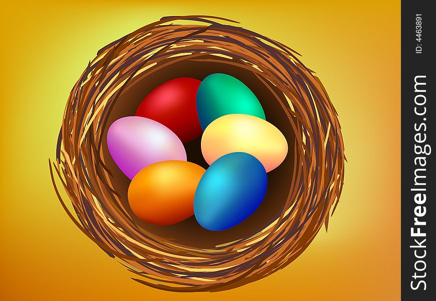 Illustration of colorful Easter eggs in nest with bright background. Illustration of colorful Easter eggs in nest with bright background.