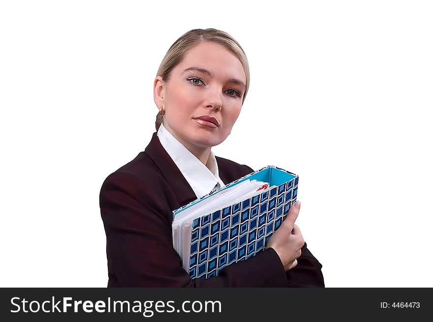 Portrait of the business woman with a folder. Isolated on white.