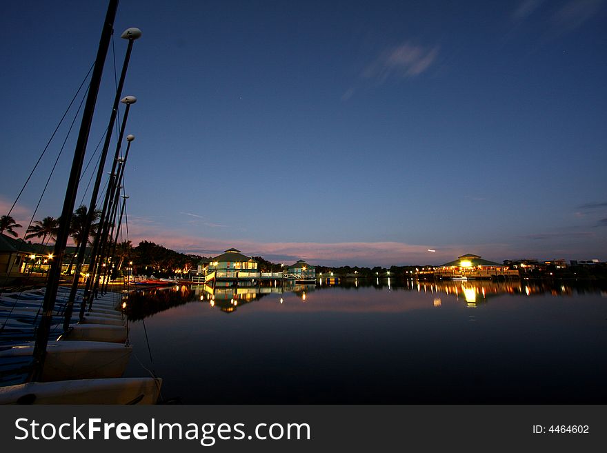 Waterside sunset with reflections on the water