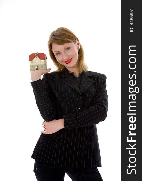 Business woman advertises real estate on white background