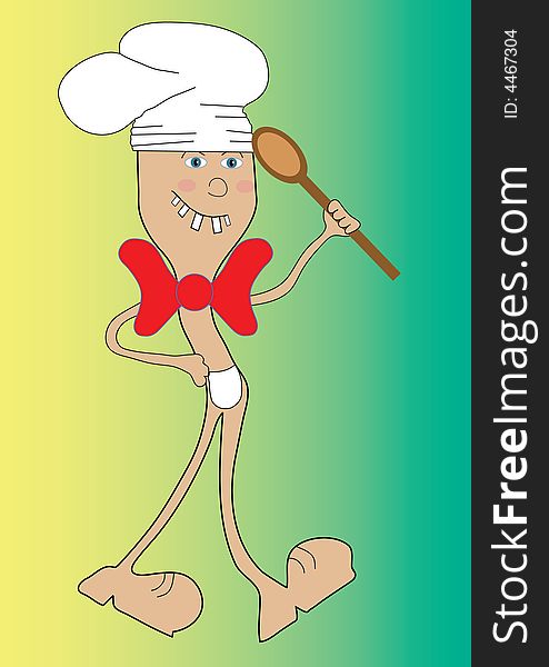 Cook with ladle on green background