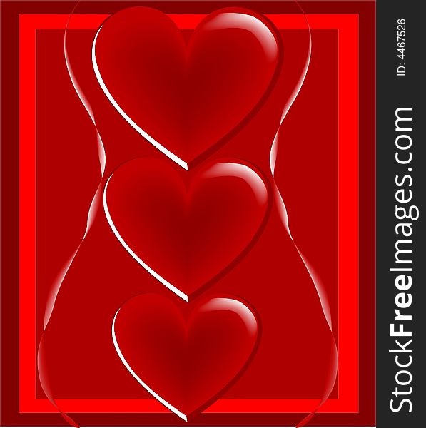 Card or backdrop with three red hearts design. Card or backdrop with three red hearts design