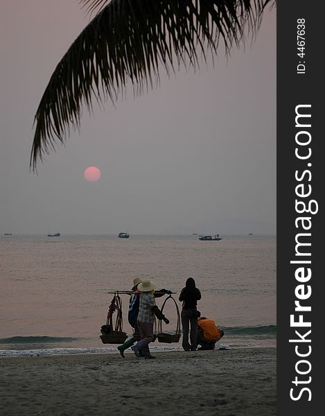 Beach at sunset, sanya city, hainan, China.