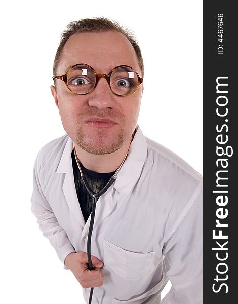 The serious doctor. It is isolated on a white background.