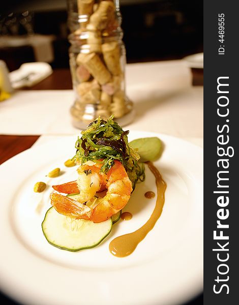 Jumbo shrimp salad with algae called wakame