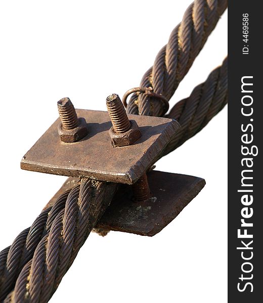 Connection of two ropes with rusty bolts. Connection of two ropes with rusty bolts