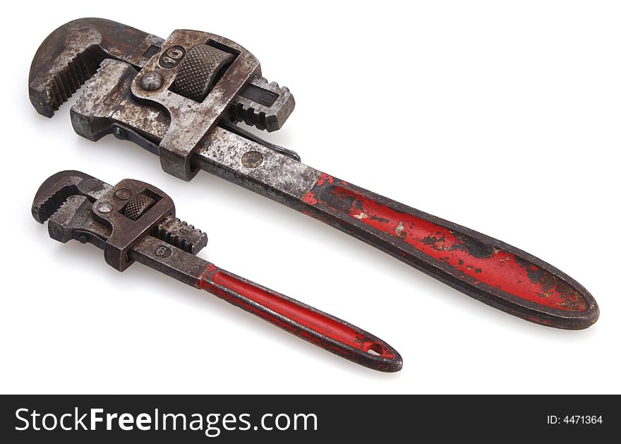 Pair of red handle pipe wrenches number 6 and 10