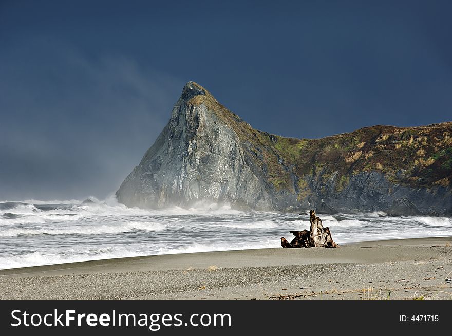 Dramatic northern California coast in stormy weather.