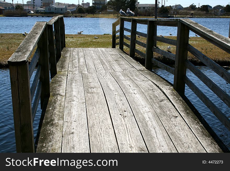 Wood bridge with seagulls on it on a lake.