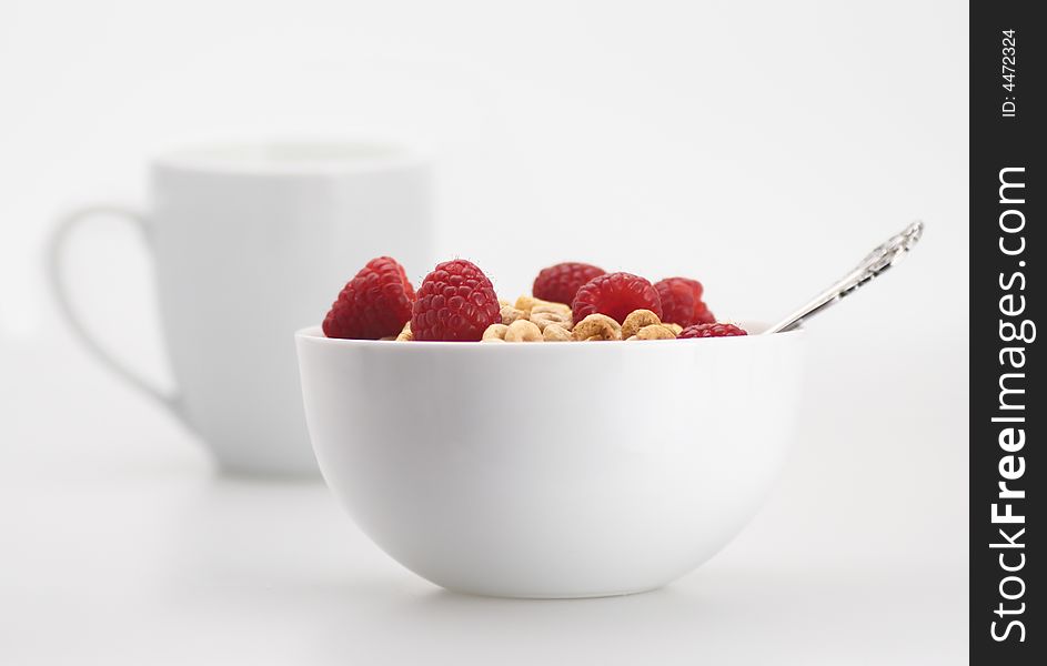 Fresh sweet rasberry milk cereal breakfast morning. Fresh sweet rasberry milk cereal breakfast morning