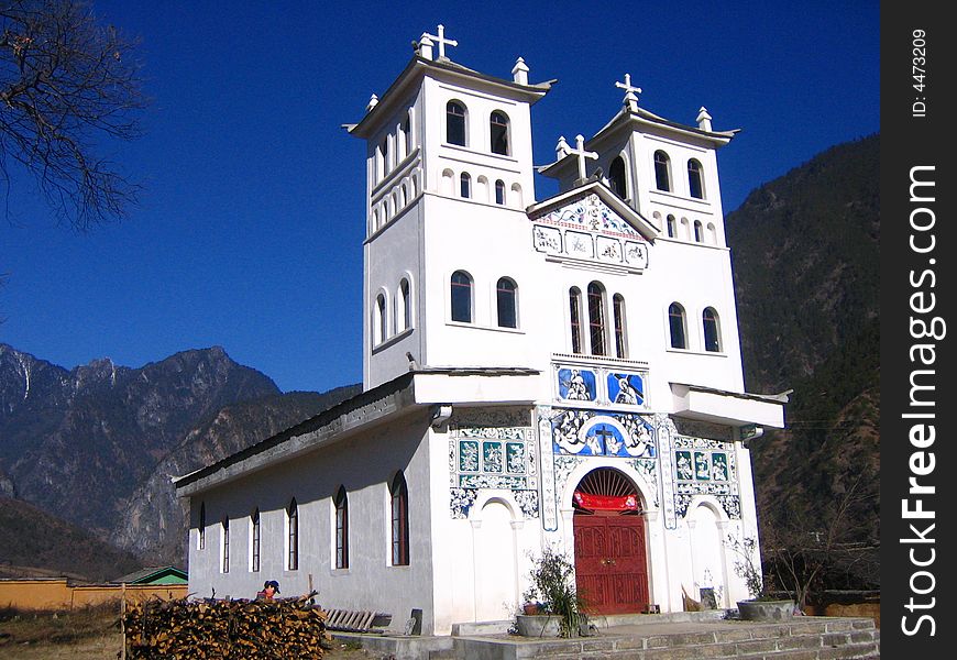 Cathedral in salwen river valley at southwest of Chinaï¼Œwhich made by french churchman and local people. Cathedral in salwen river valley at southwest of Chinaï¼Œwhich made by french churchman and local people.