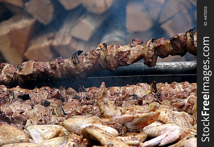 Meat dish is coocing on the fire. Ukraine. Meat dish is coocing on the fire. Ukraine