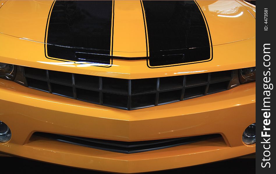 Close up front end detail of a modern American muscle car