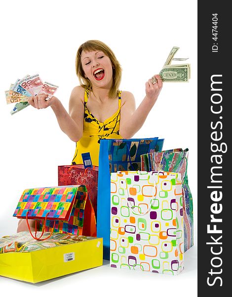 Expressive woman  on white background  shopping. Expressive woman  on white background  shopping