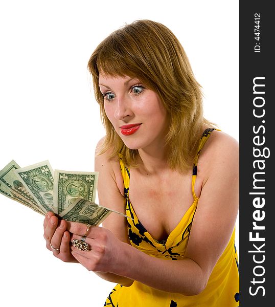 Expressive woman  on white background  shopping. Expressive woman  on white background  shopping