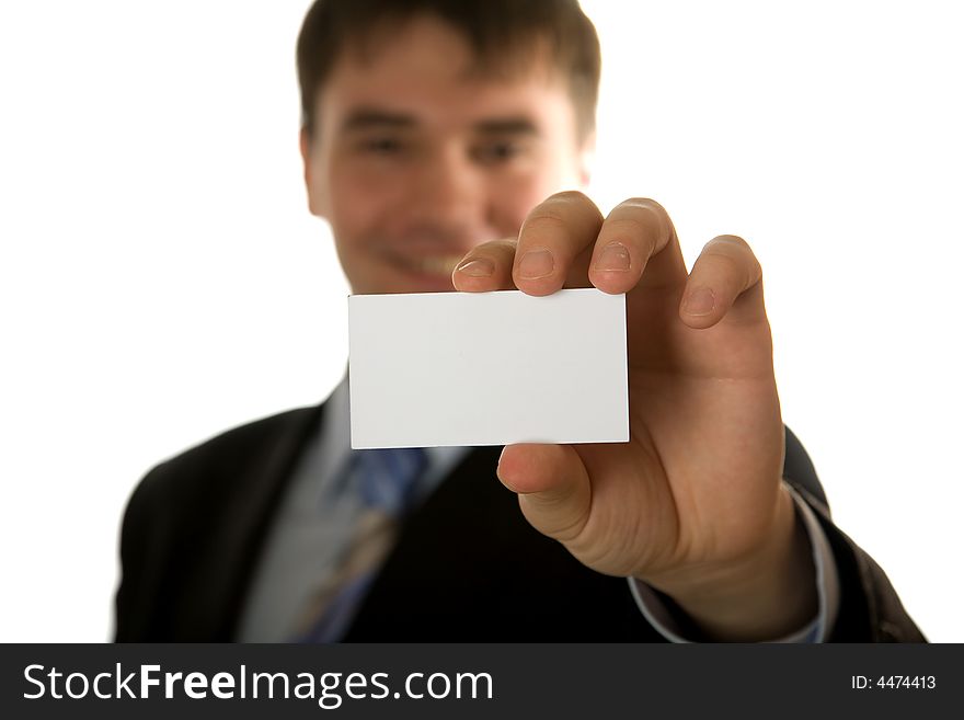 Businessman holding blank card isolated over white background