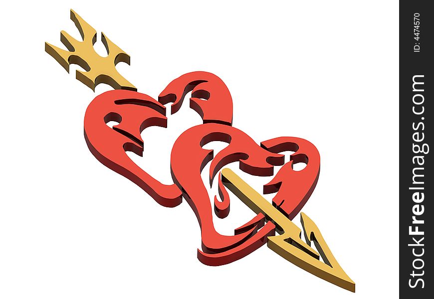 Red hearts with golden arrow. Red hearts with golden arrow