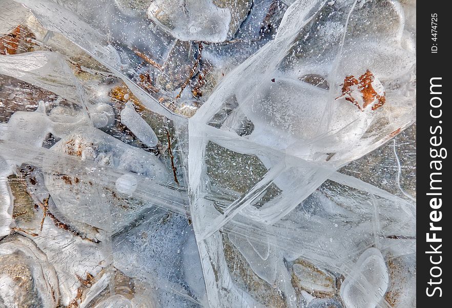 A close-up of a surface of transparent ice. A close-up of a surface of transparent ice.