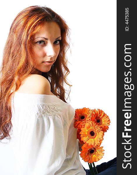 Beautyful young girl with bunch of flowers. Beautyful young girl with bunch of flowers