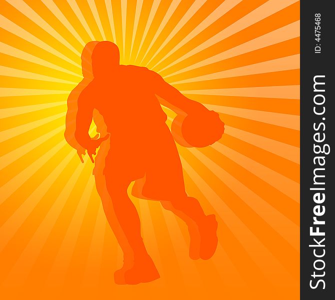 A Basket Ball Player on a Orange SunBurst BackGround. A Basket Ball Player on a Orange SunBurst BackGround