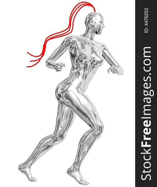 3d render of running Cyborg girl on clear white background