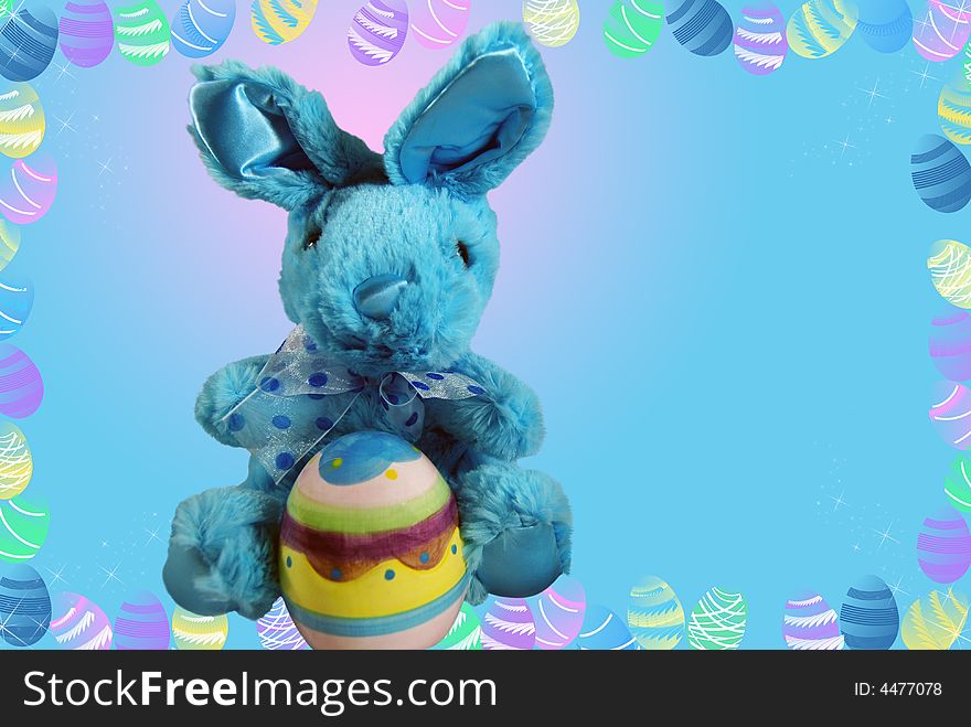 Blue Easter bunny on an egg bordered background. Blue Easter bunny on an egg bordered background.