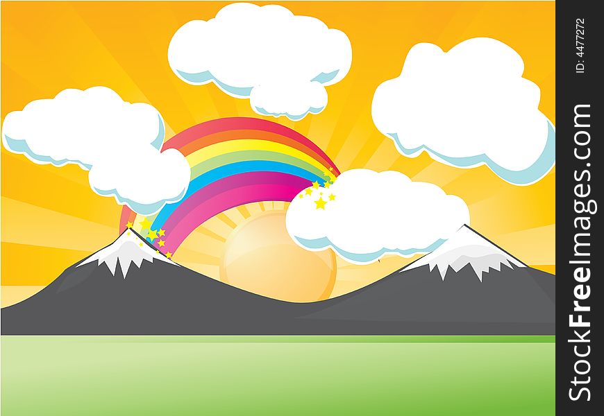 Vector illustration of mountain spring scene with rainbow. Vector illustration of mountain spring scene with rainbow
