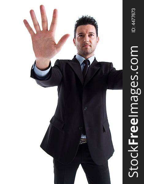 Businessman with huge hand, white background. Businessman with huge hand, white background
